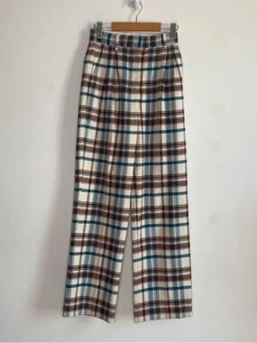 Aritzia Wilfred Effortless plaid blue brown cream high waisted pants